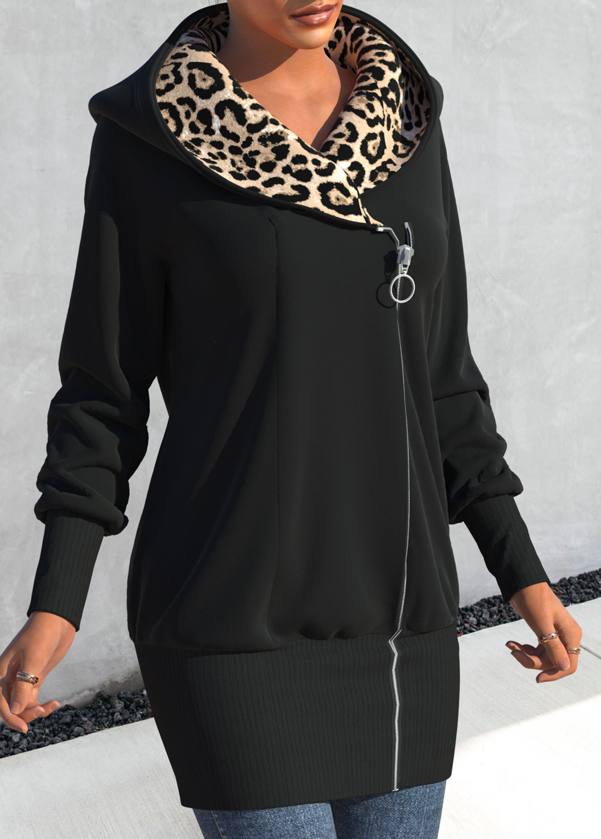 Leopard Zipper Black Hooded Long Sleeve Coat