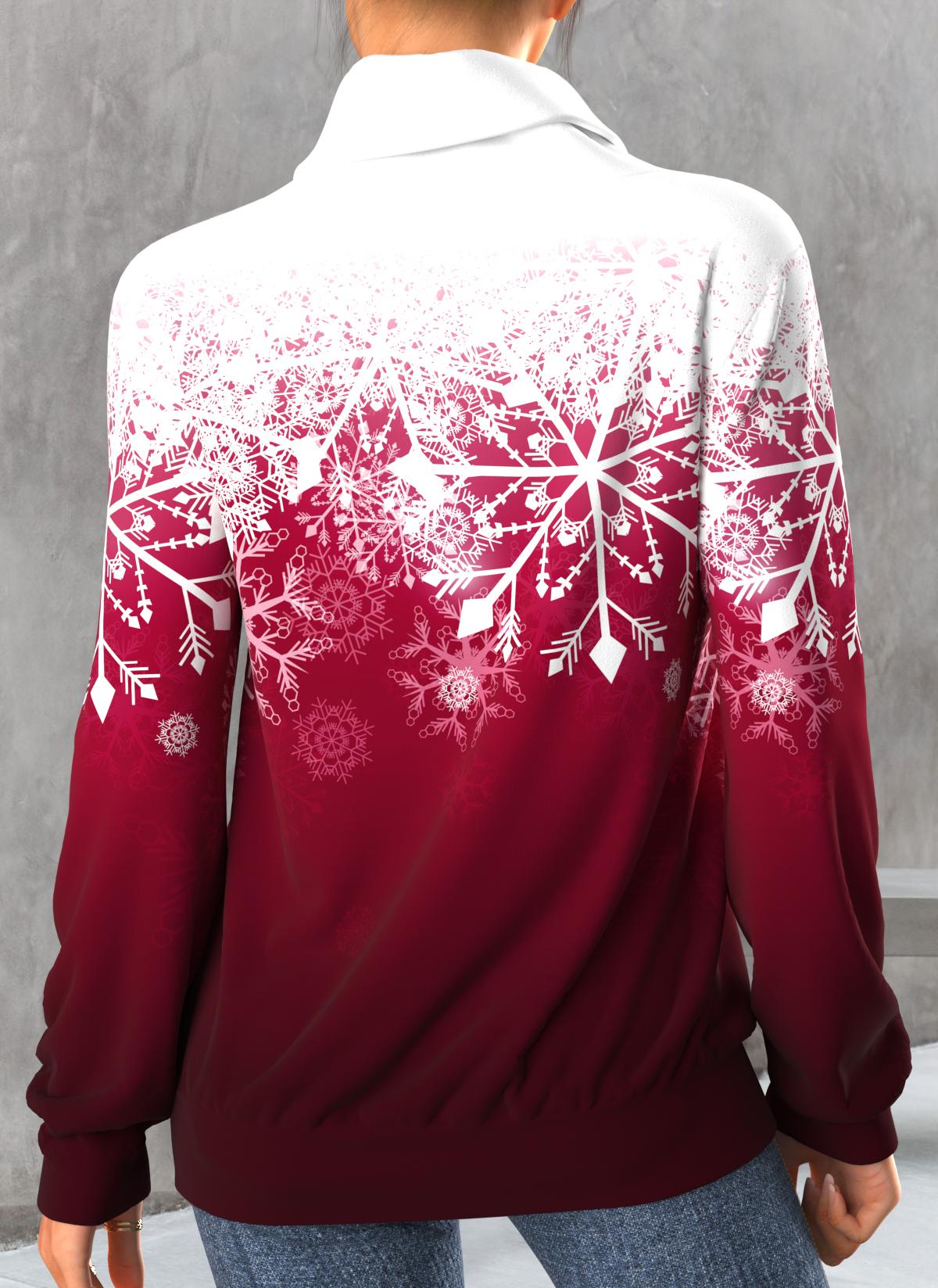 Plus Size Snowflake Print Drawstring Wine Red Christmas Sweatshirt