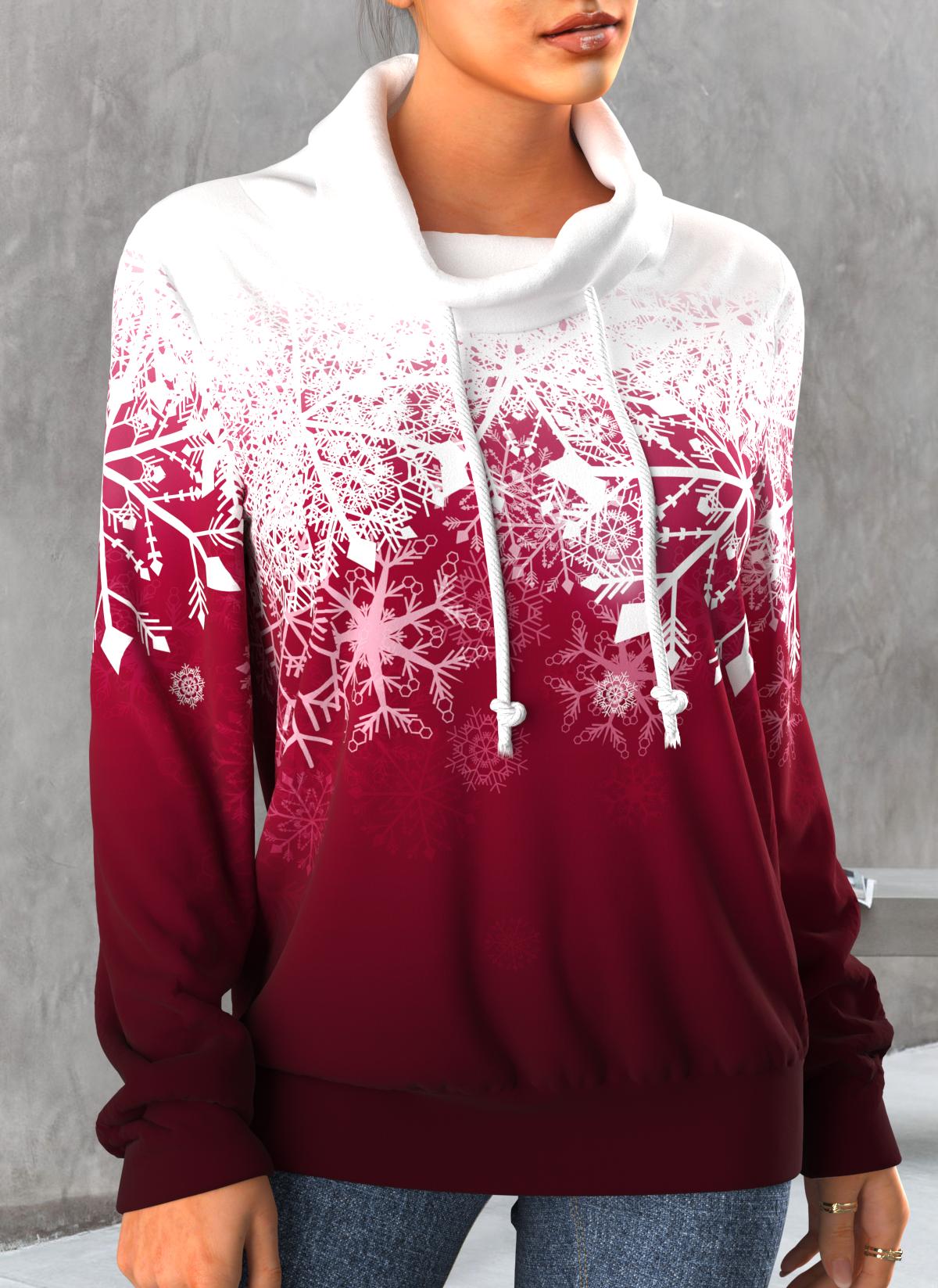 Plus Size Snowflake Print Drawstring Wine Red Christmas Sweatshirt