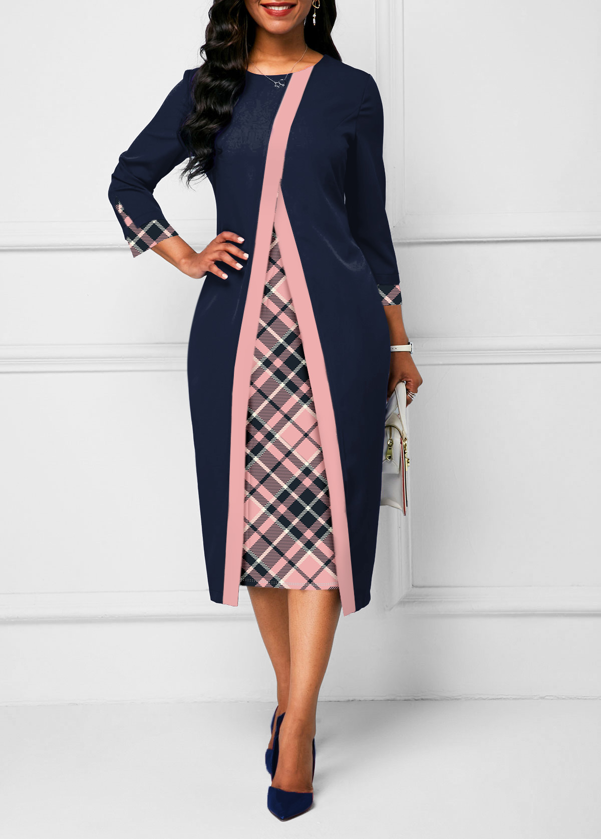 Plaid 3/4 Sleeve Navy Faux Two Piece Dress | Rosewe.com - USD $35.98