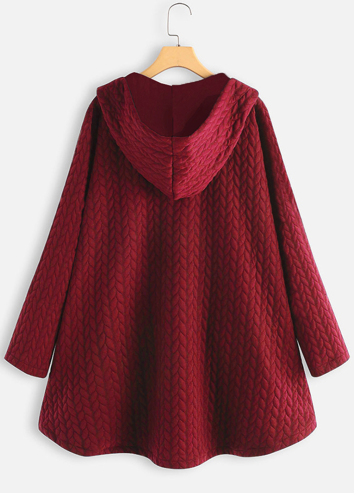 Deep Red Hooded Long Sleeve Pocket Coat