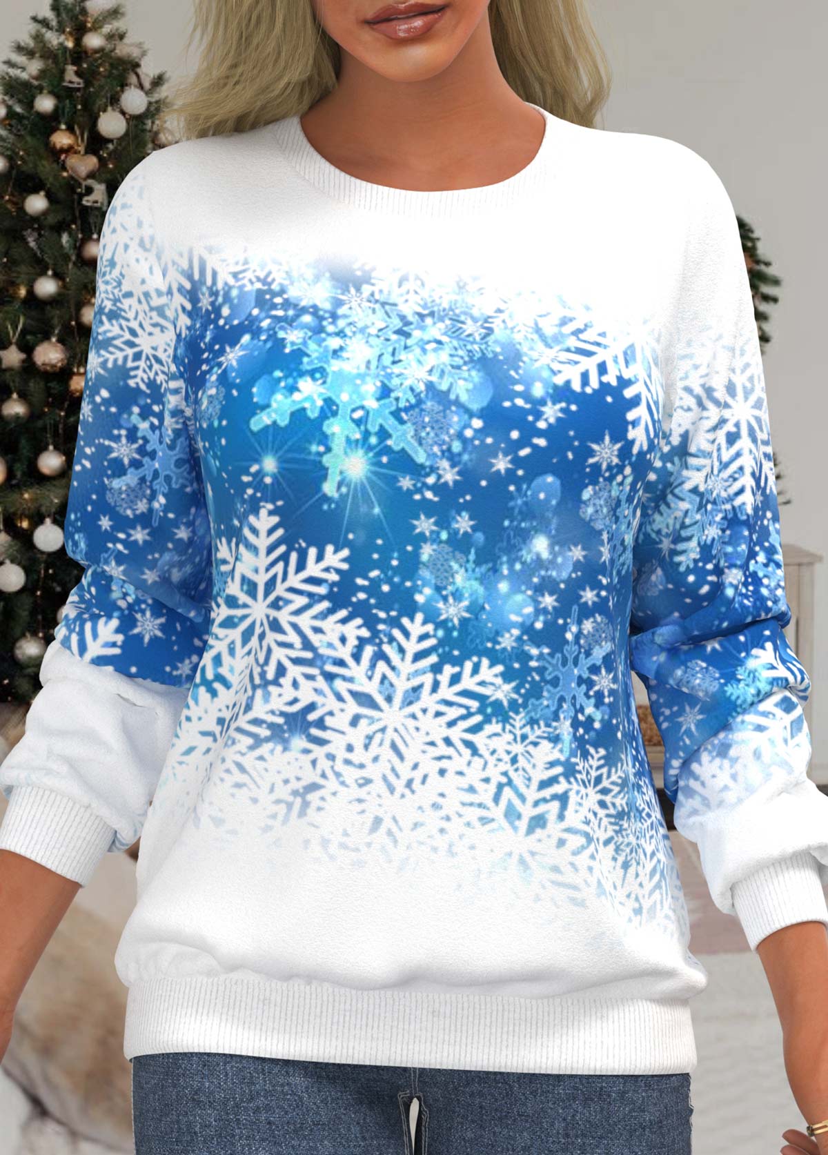 White Snowflake Print Round Neck Long Sleeve Sweatshirt