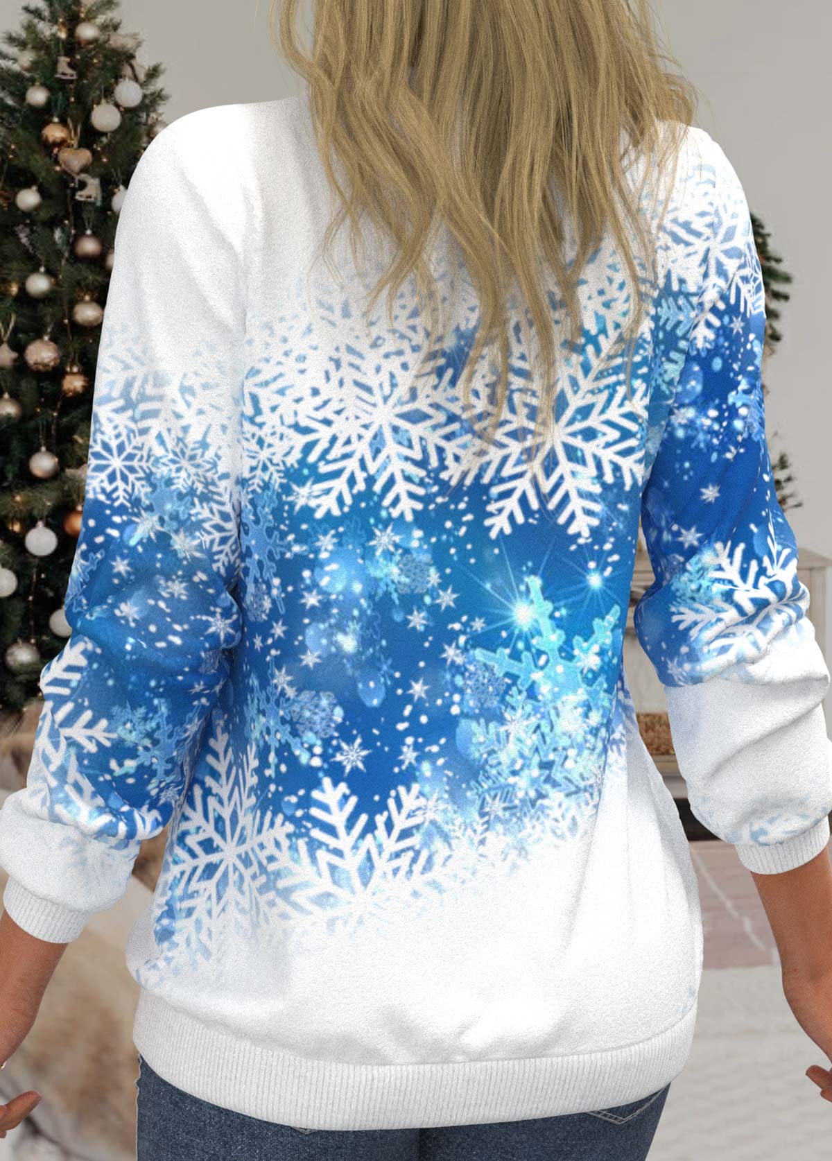 White Snowflake Print Round Neck Long Sleeve Sweatshirt