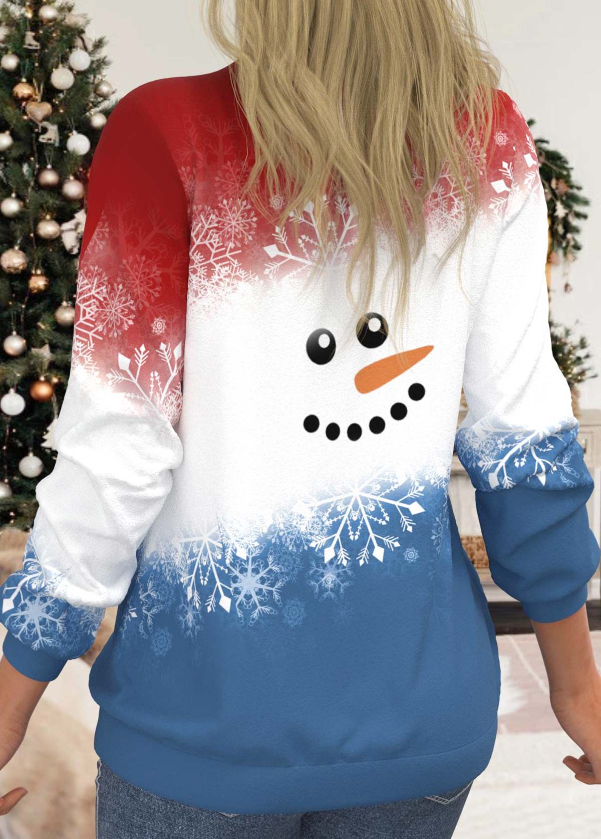 Snowman Print Christmas Red Round Neck Sweatshirt