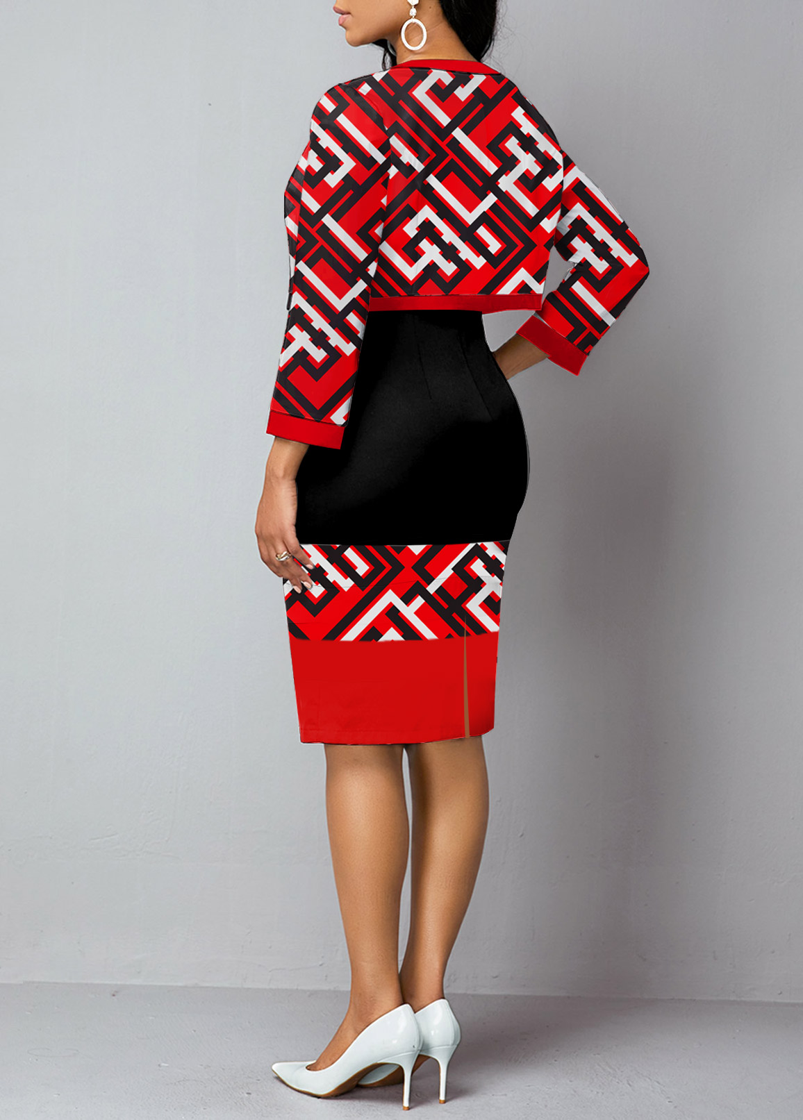 Geometric PrintRed Long Sleeve Bodycon Dress and Cardigan