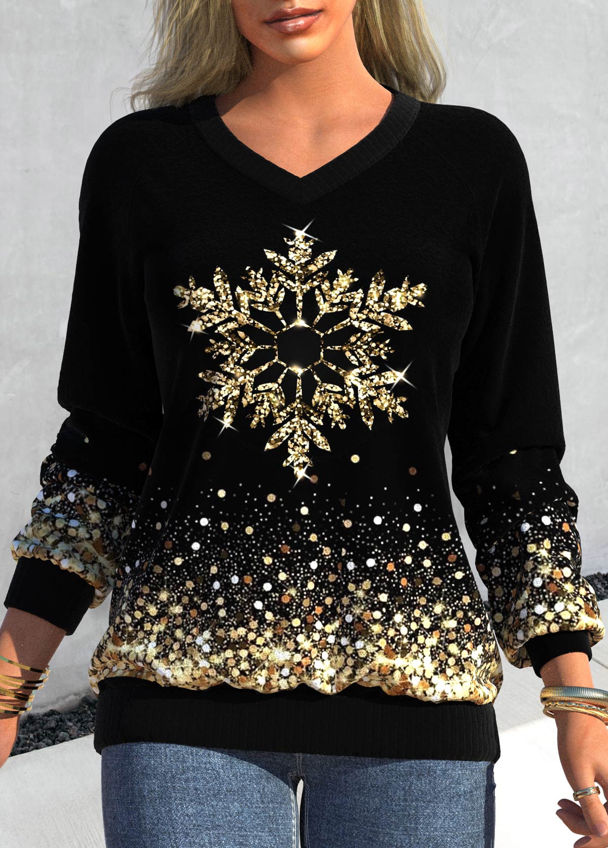 Snowflake Print Black V Neck Long Sleeve Sweatshirt