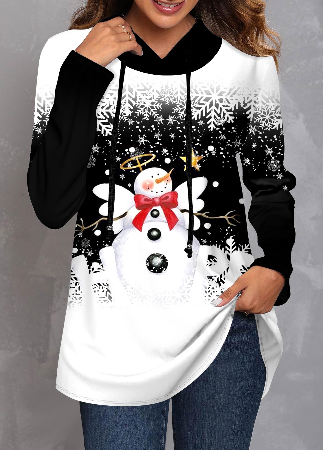 Long Sleeve Christmas Snowman Print Black Hoodie