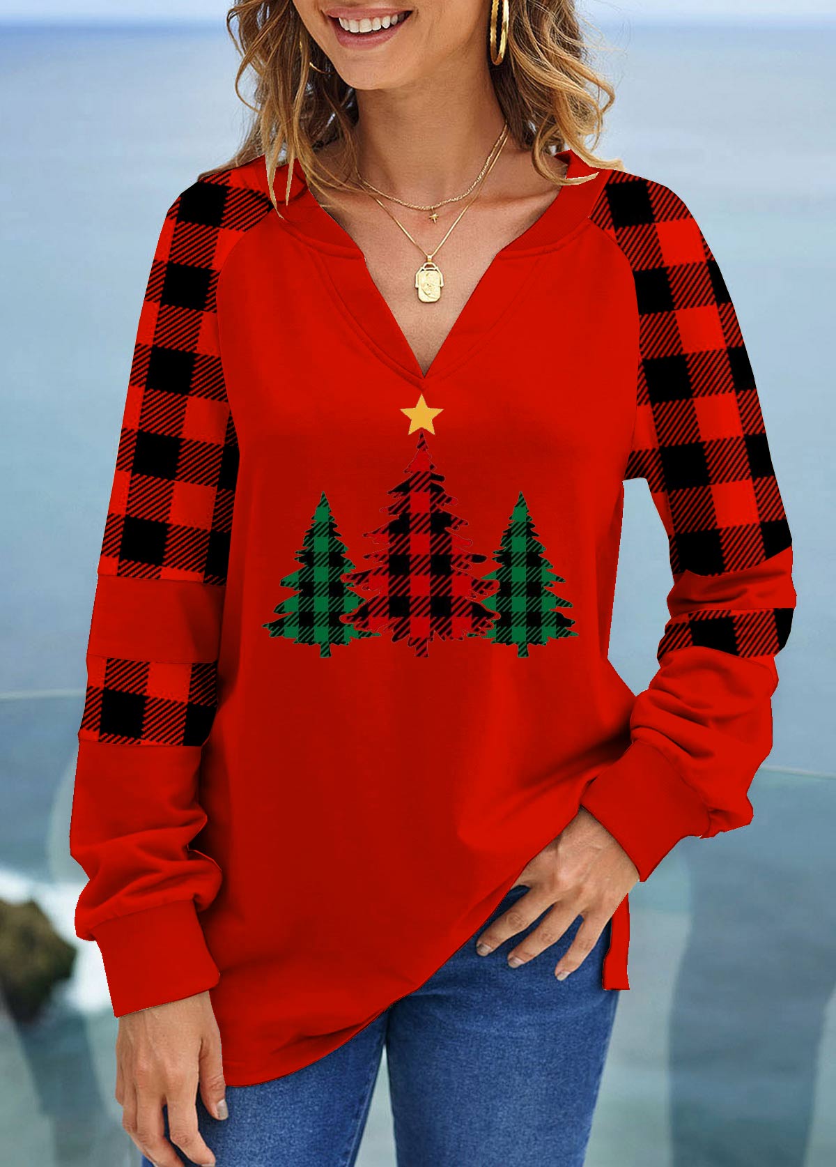 Christmas Tree Print Red V Neck Sweatshirt