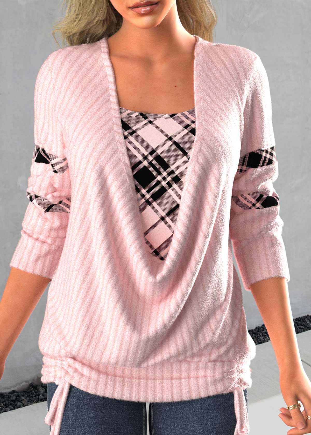 Plus Size Faux Two Piece Tie Side Light Pink Sweatshirt