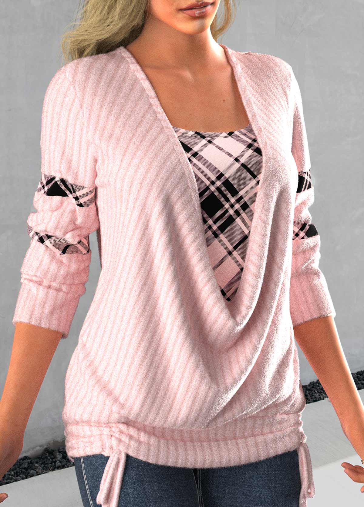 Plus Size Faux Two Piece Tie Side Light Pink Sweatshirt