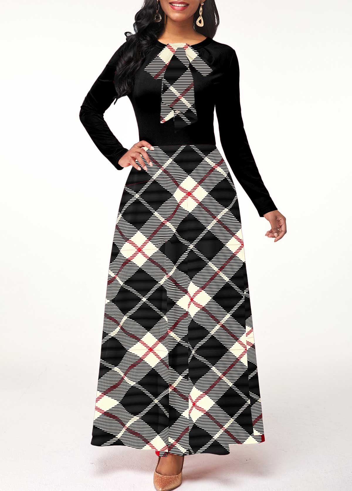 Long Sleeve Round Neck Black Plaid Maxi Dress