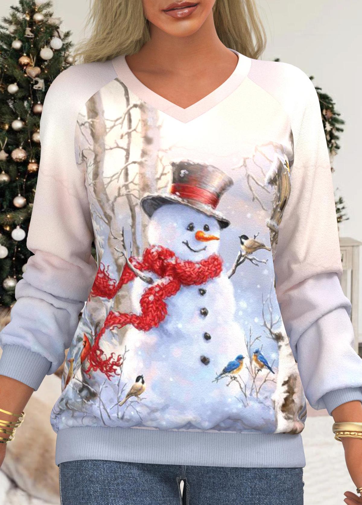 Christmas Snowman Print Long Sleeve Multi Color Sweatshirt