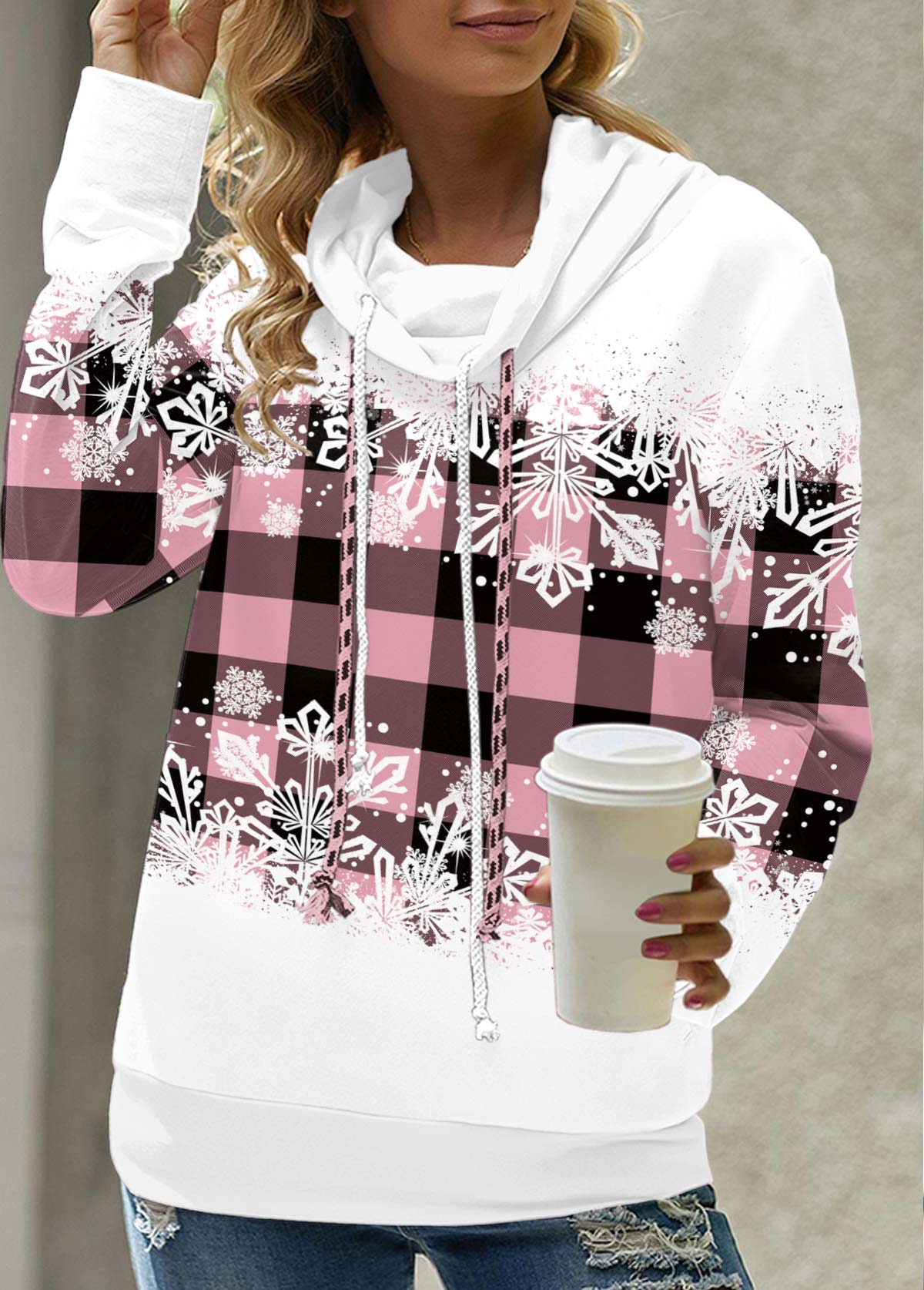 Snowflake Print Drawstring Pink Cowl Neck Sweatshirt