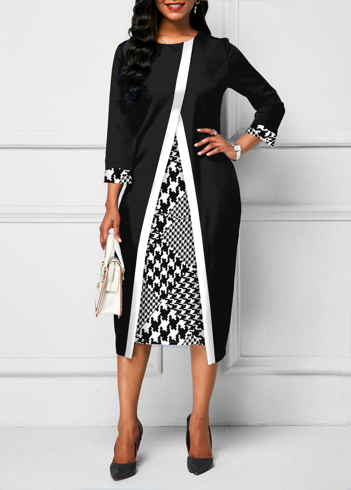 Houndstooth Print Black Faux Two Piece Dress