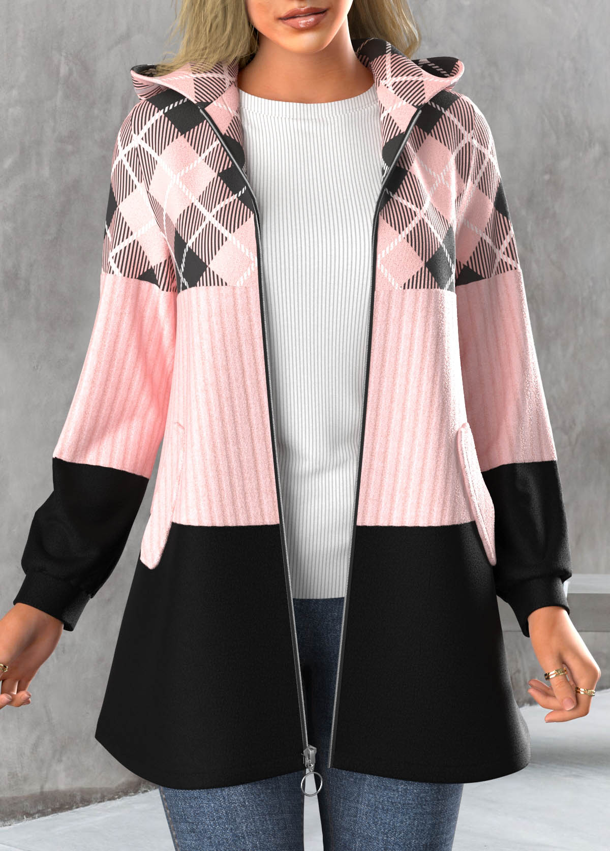 Plaid Zipper Light Pink Hooded Long Sleeve Jacket