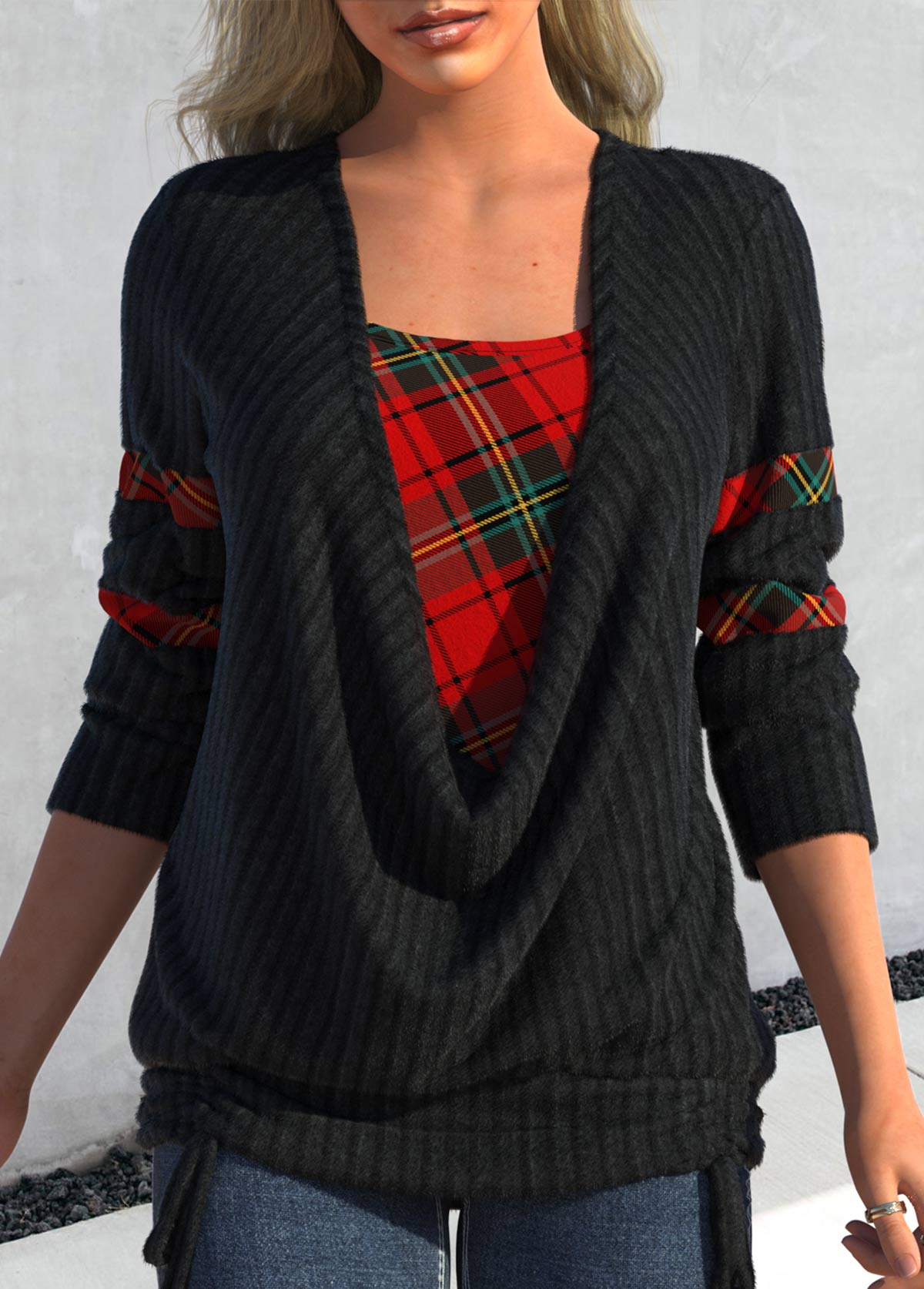 Plus Size Tie Side Plaid Black Faux Two Piece Sweatshirt