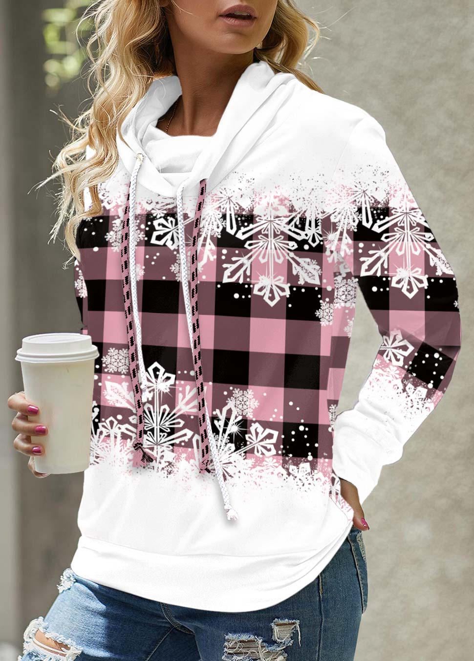 Snowflake Print Drawstring Pink Cowl Neck Sweatshirt