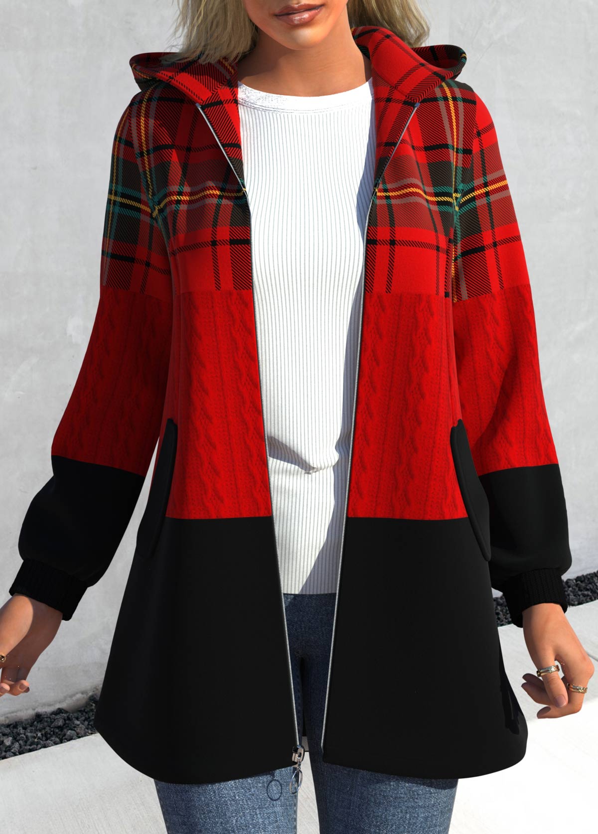 Plus Size Plaid Zipper Red Hooded Long Sleeve Jacket