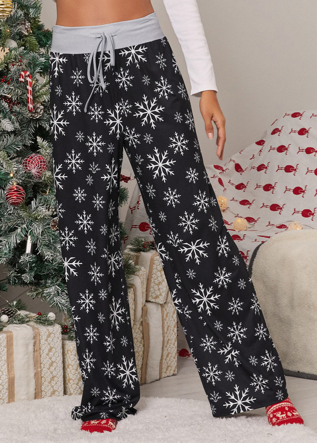 Christmas Print Drawstring Black Drawastring Pants
