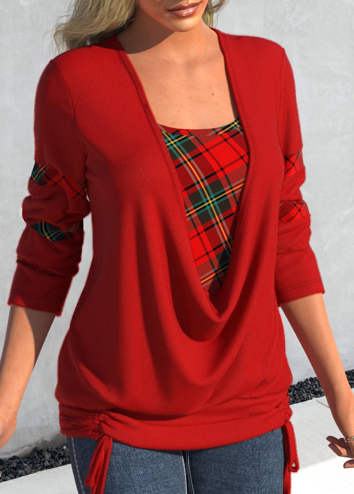 Plaid Drawstring Red Square Neck Long Sleeve Sweatshirt