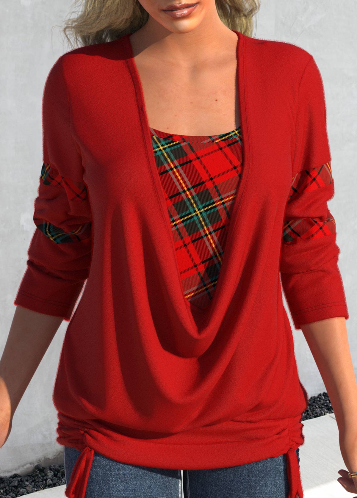 Plus Size Plaid Drawstring Red Square Neck Long Sleeve Sweatshirt