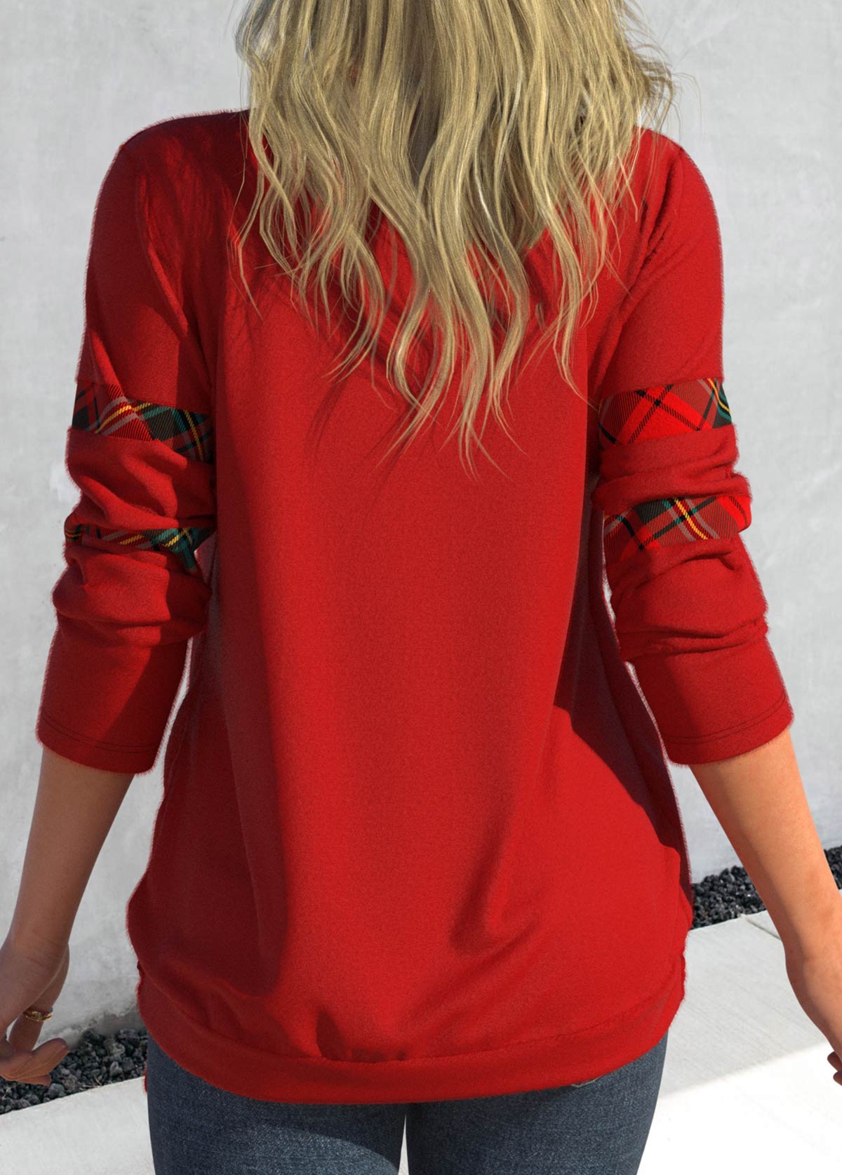Plaid Drawstring Red Square Neck Long Sleeve Sweatshirt