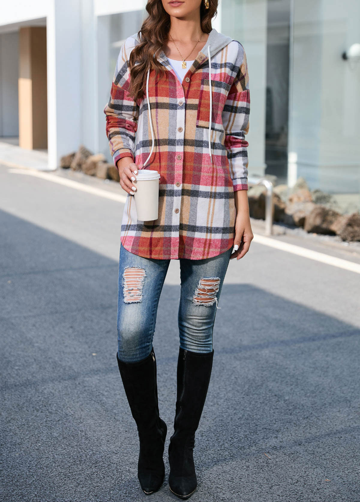 Plus Size Multi Color Plaid Long Sleeve Coat