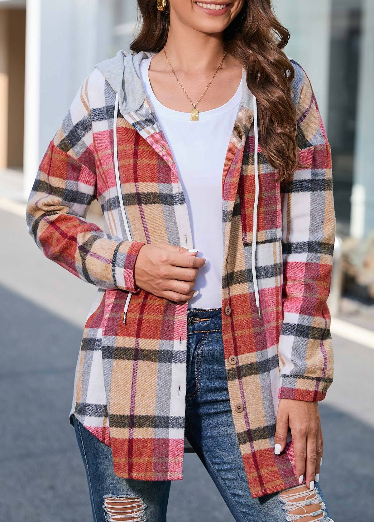 Plus Size Multi Color Plaid Long Sleeve Coat