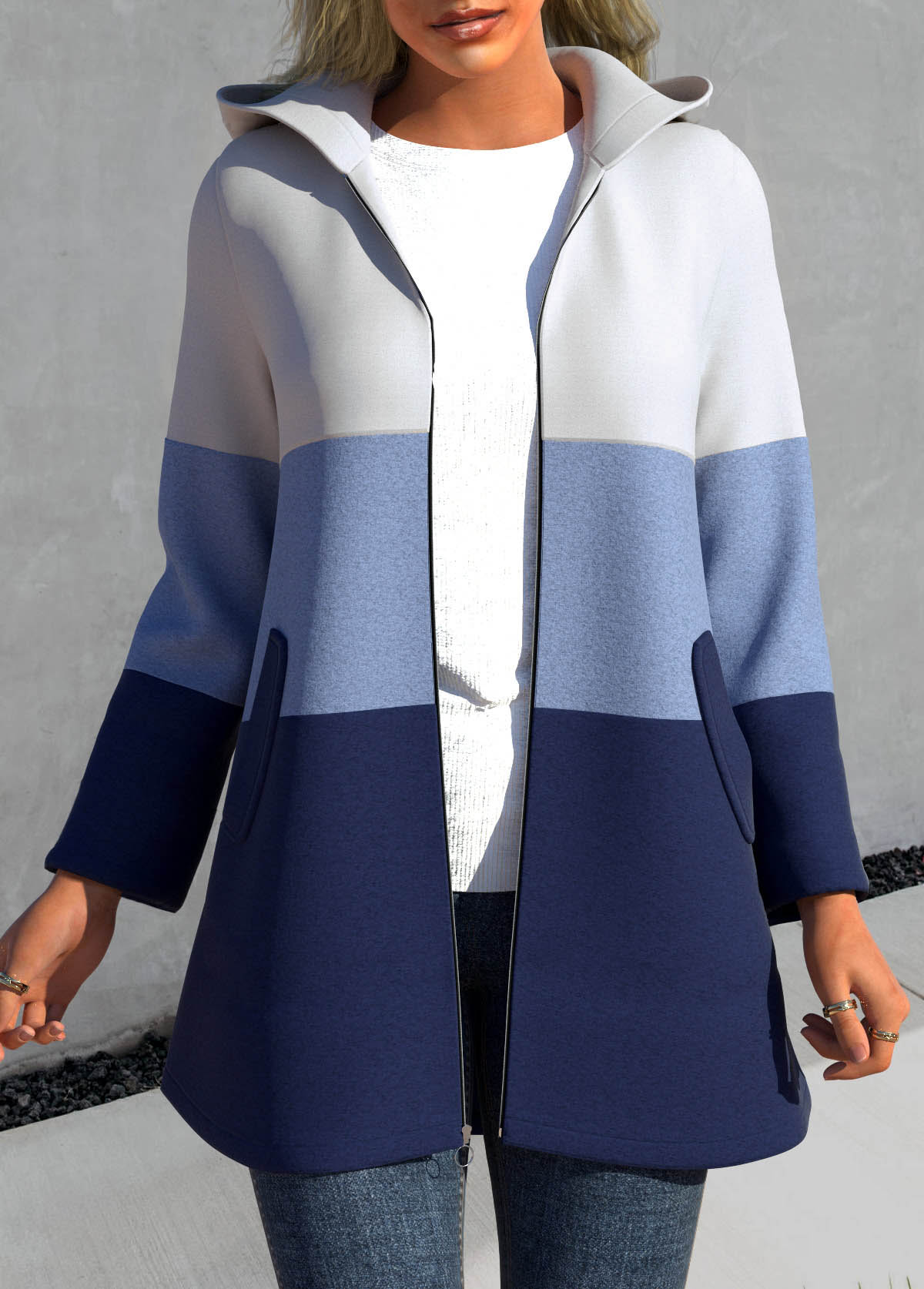 Blue Hooded Long Sleeve Patchwork Jacket