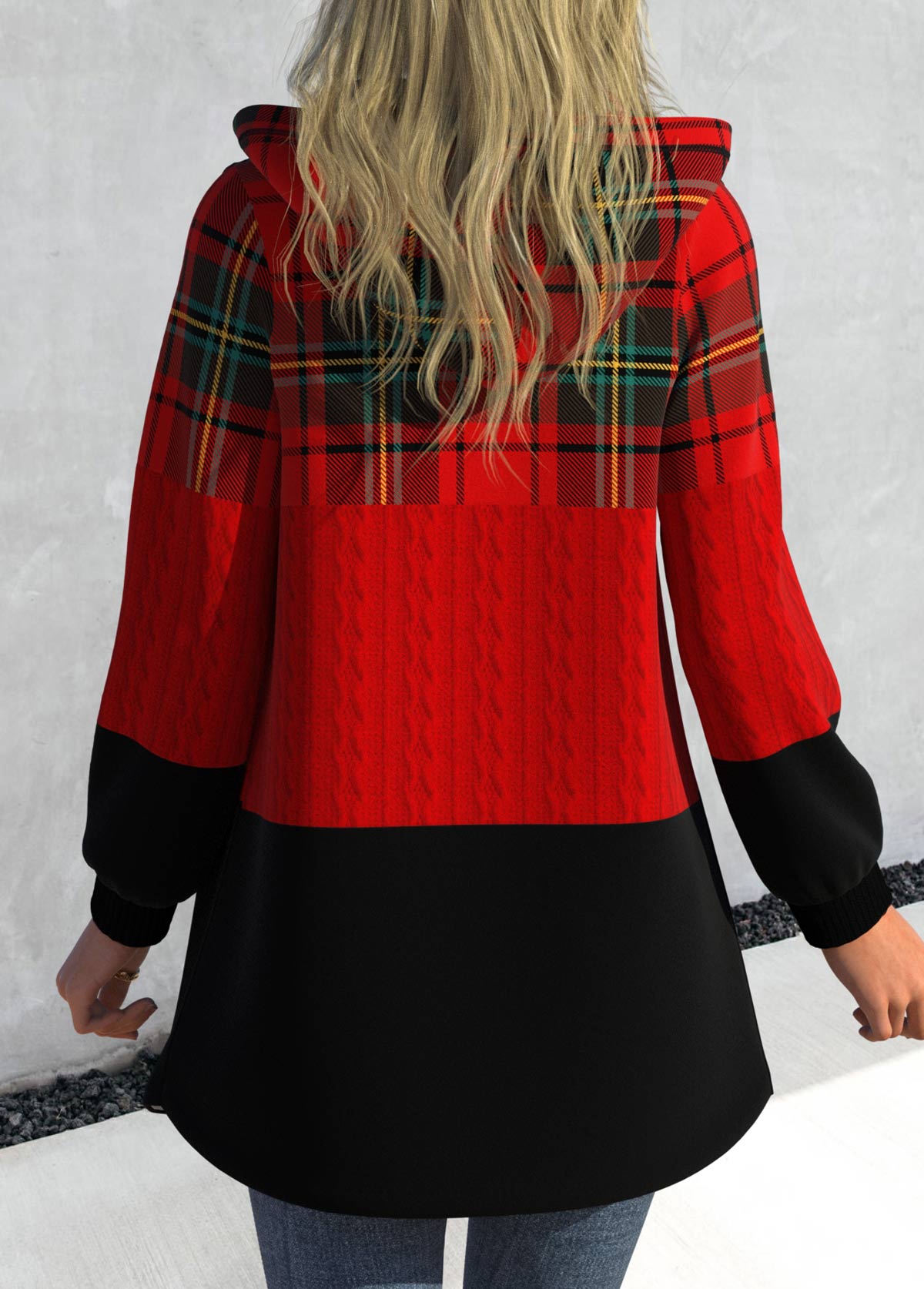 Plus Size Plaid Zipper Red Hooded Long Sleeve Jacket
