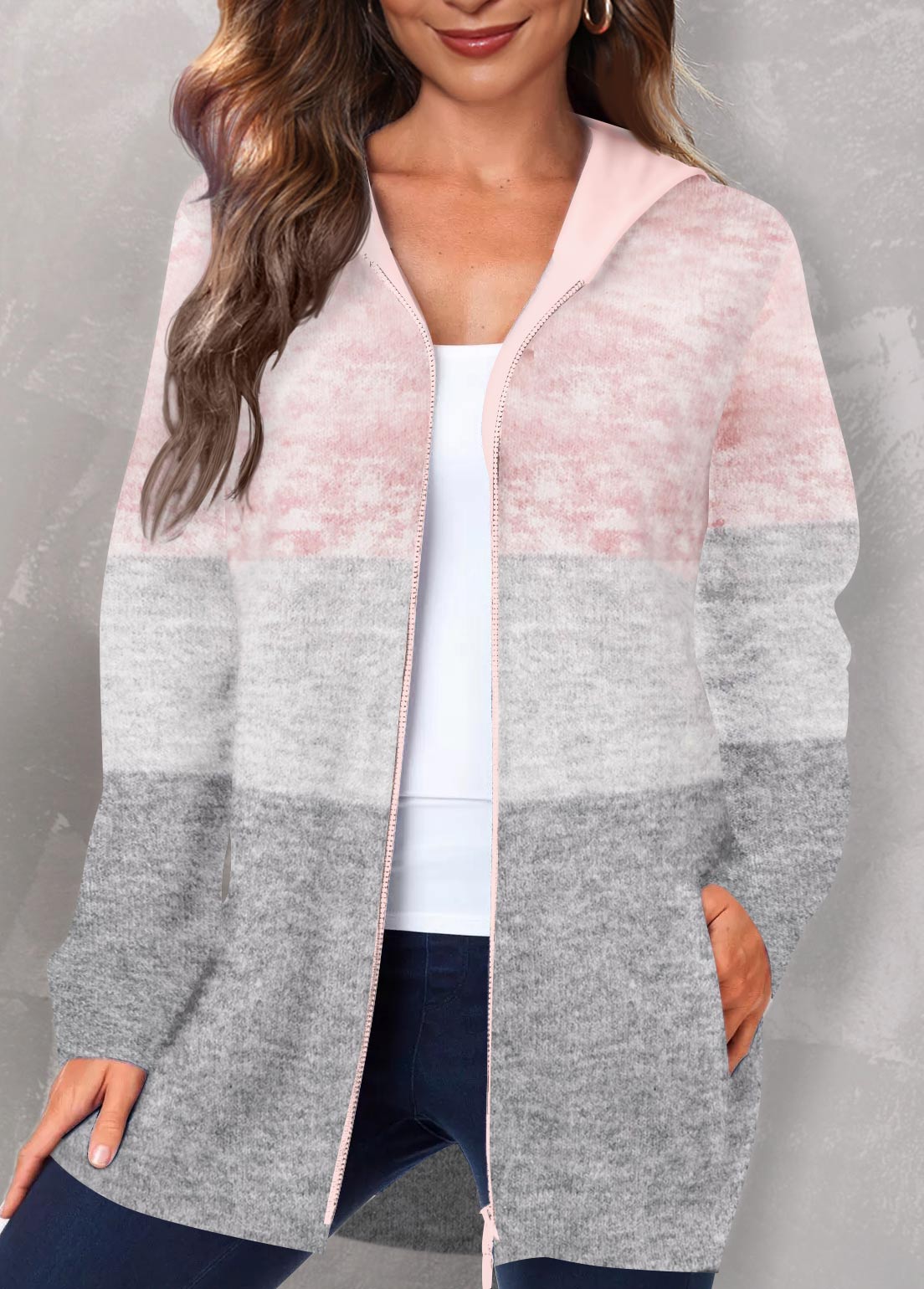 Plus Size Pink Hooded Patchwork Long Sleeve Coat