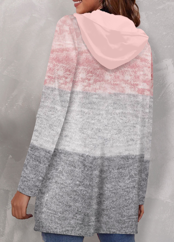 Plus Size Pink Hooded Patchwork Long Sleeve Coat