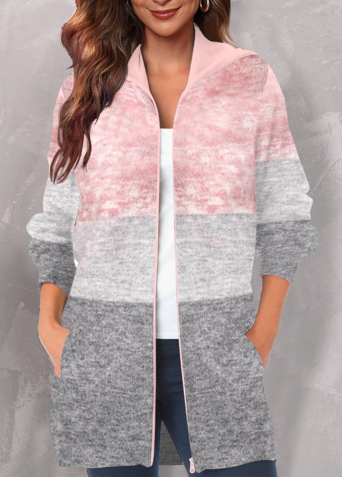 Plus Size Pink Hooded Patchwork Long Sleeve Coat