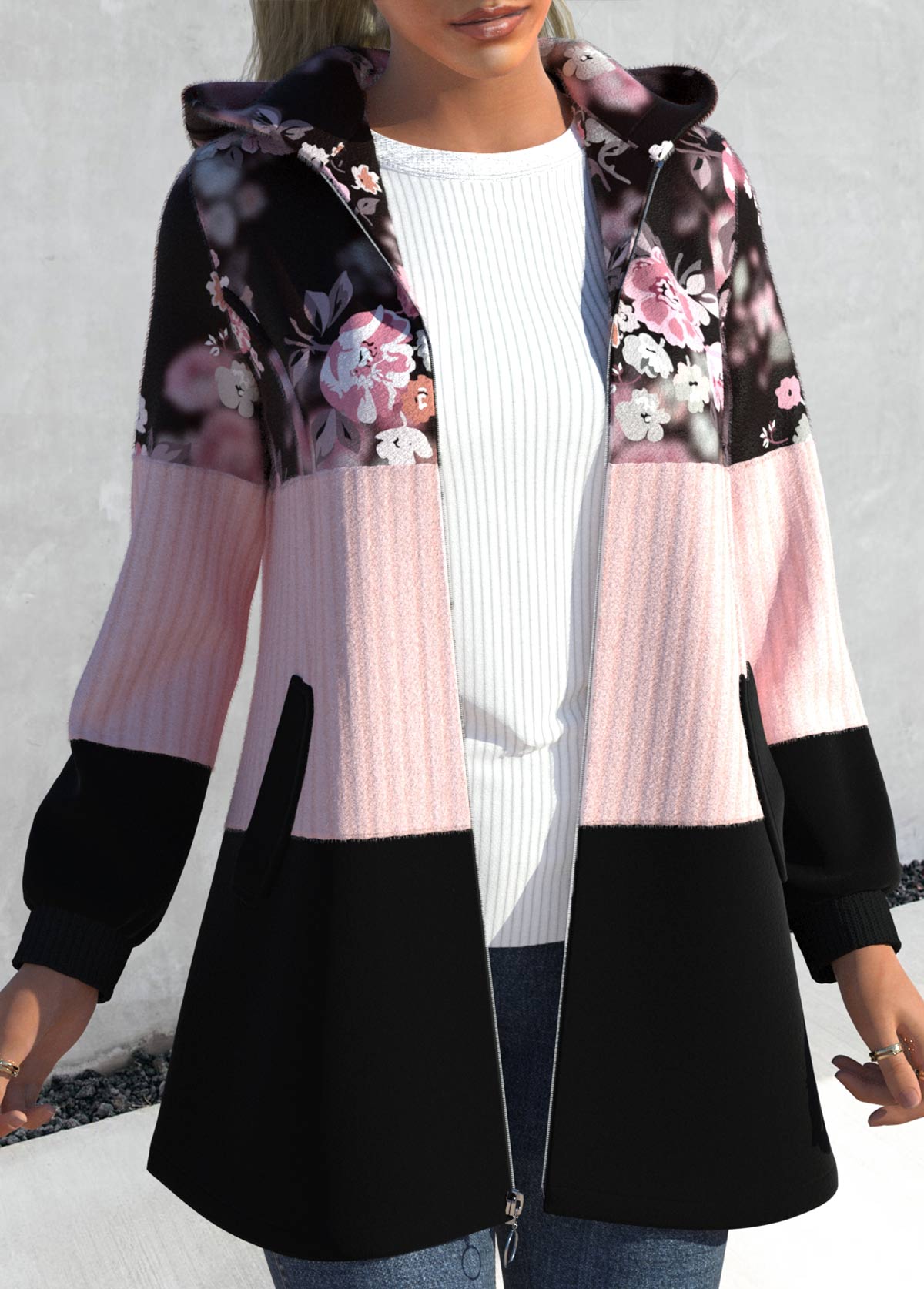 Plus Size Zipper Closure Light Pink Floral Print Jacket