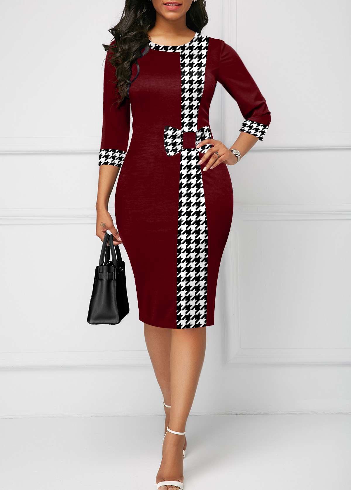 Houndstooth Print Bowknot Deep Red Bodycon Dress