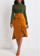 Blackish Green Contrast Bowknot Side Slit Dress