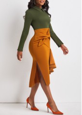 Blackish Green Contrast Bowknot Side Slit Dress