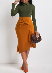 Blackish Green Contrast Bowknot Side Slit Dress