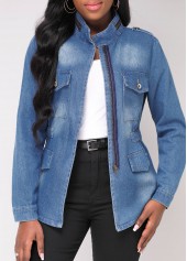 Double Side Pockets Denim Blue Stand Collar Jacket