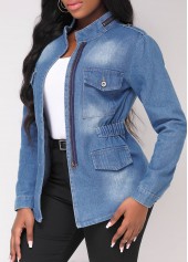 Double Side Pockets Denim Blue Stand Collar Jacket