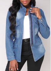 Double Side Pockets Denim Blue Stand Collar Jacket
