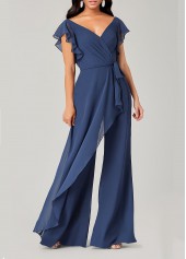 V Neck Blue Short Sleeve Jumpsuit