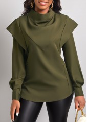 High Neck Olive Green Long Sleeve Blouse