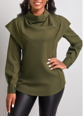 High Neck Olive Green Long Sleeve Blouse