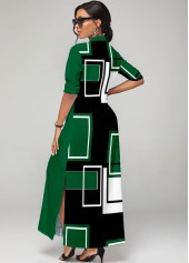 Geometric Print Button Up Green Split Neck Dress