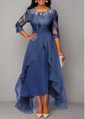 Sequin Blue Mesh Stitching High Low Dress