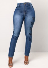 Butterfly Print Double Side Pockets Denim Blue Jeans