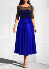 Bowknot Lace Stitching Royal Blue Belted Dress