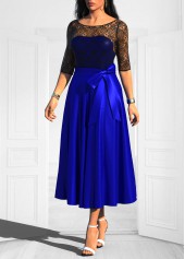 Bowknot Lace Stitching Royal Blue Belted Dress