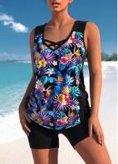 Black Floral Print Cross Strap Tankini Set